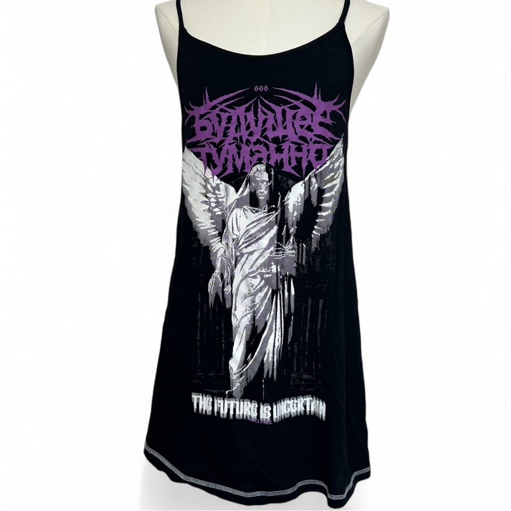 Killstar Black and Purple Graphic Gothic Alt Edgy Cotton Slip Dress - Small